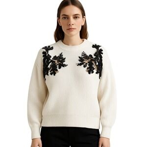 H&M Cream Sequin Floral Sweater XL Embellished Knit Balloon Sleeve Holiday Party